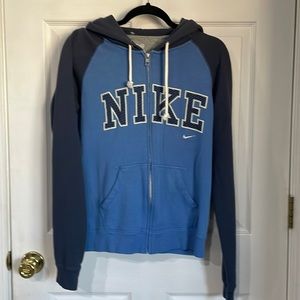 Nike zip up sweatshirt. Size large. Blue with navy blue hood and sleeves